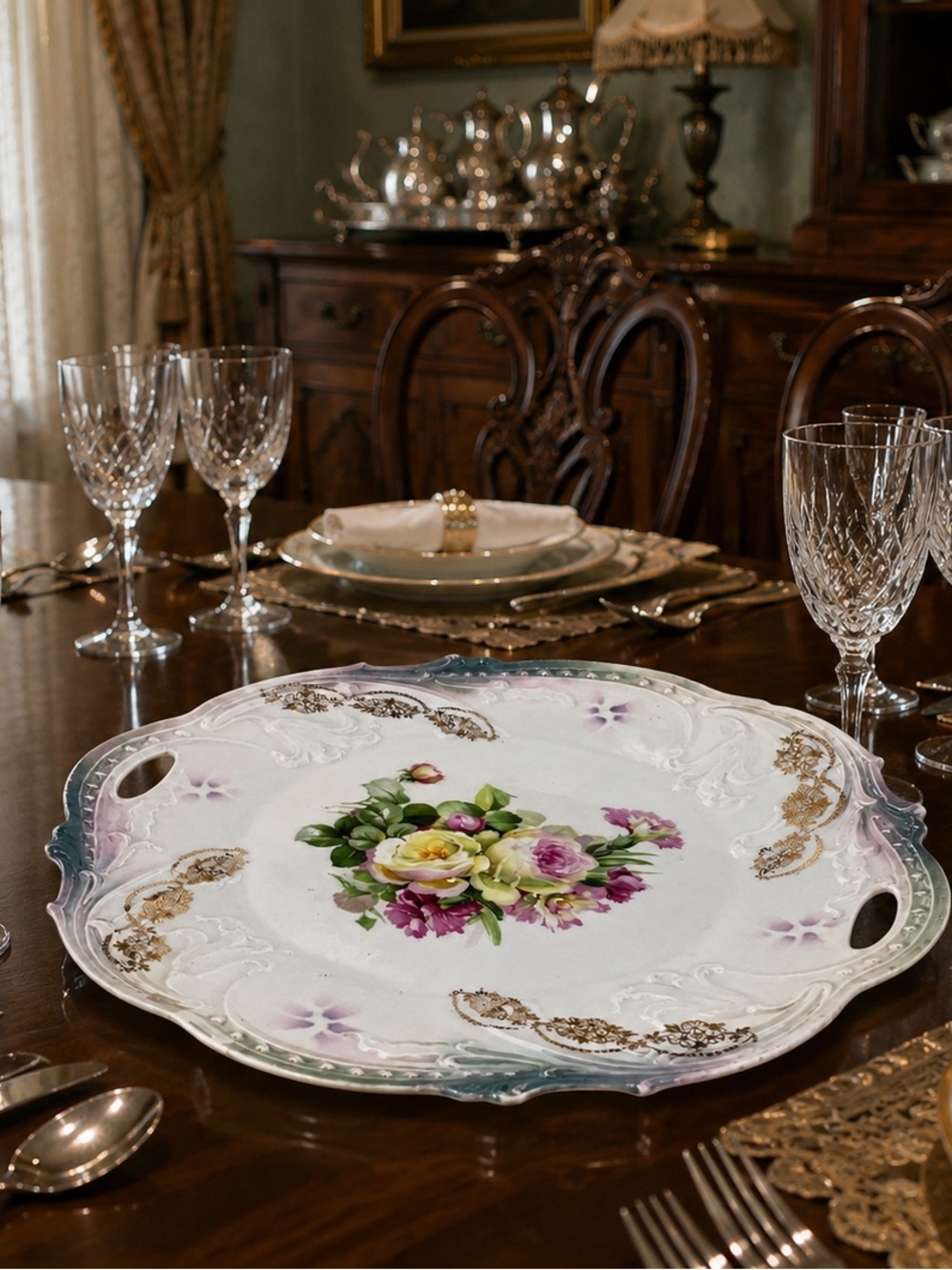 Antique Bavaria Hand Painted Floral Porcelain Serving Plate